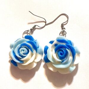 Blue and White Rose Flower Earrings
